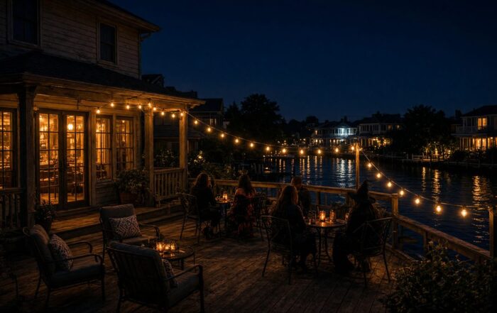 Waterfront patio, a private Halloween setup, waiting under string lights by the canal