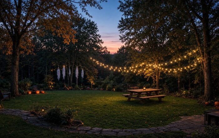 Suburban backyard a private Halloween setup waiting under trees and string lights | Hot Party Stripper | Hot Party Stripper Suburban backyard, a private Halloween setup, waiting under trees and string lights