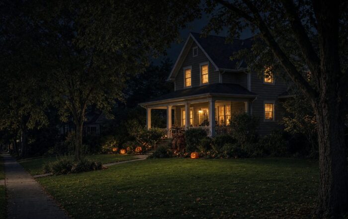 Suburban house, a quiet village street at night, glowing with warm windows across a front lawn