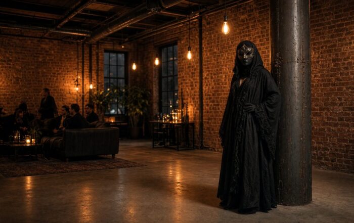 Masked entertainer, a private-party performer, standing in a brick warehouse loft