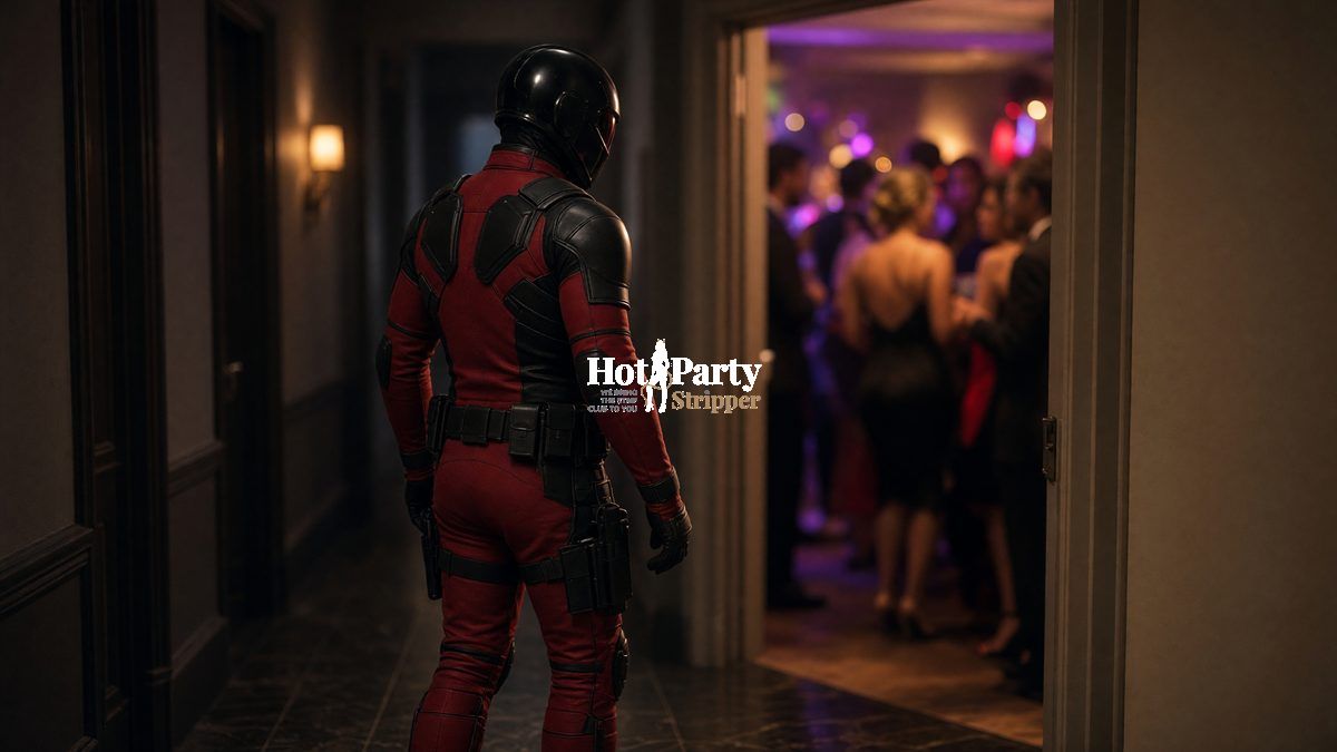 Tactical entertainer, a Hot Party Stripper performer, waiting in a hallway in a red suit