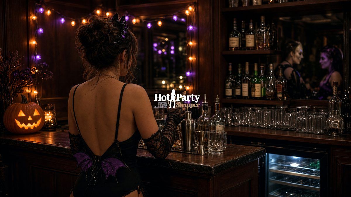 Home bartender, a Hot Party Stripper performer, pouring drinks at a Halloween house bar