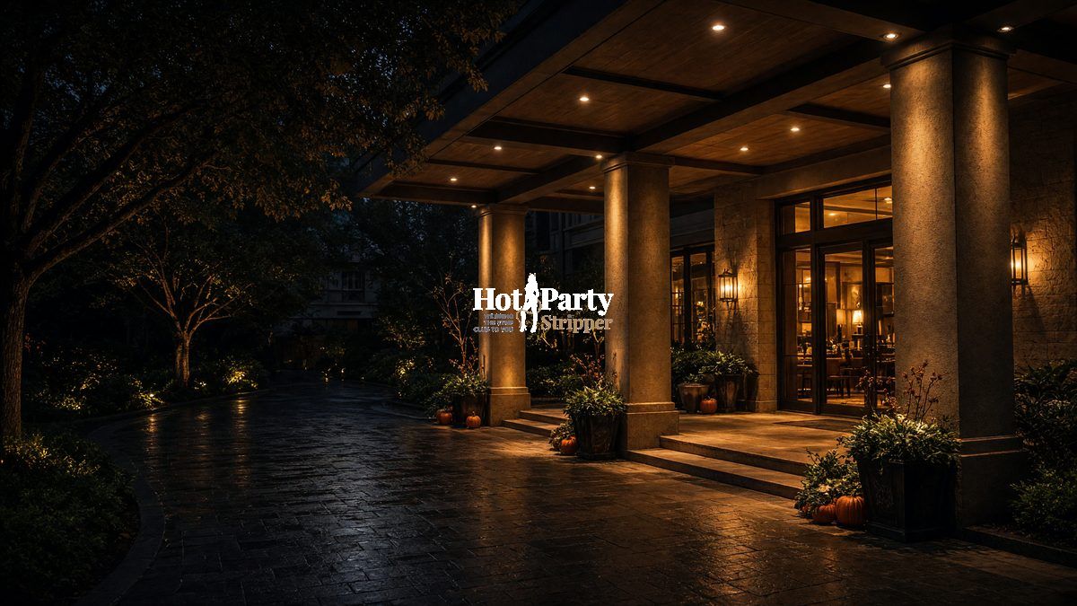 Covered driveway, a condominium arrival at night, waiting under warm lights