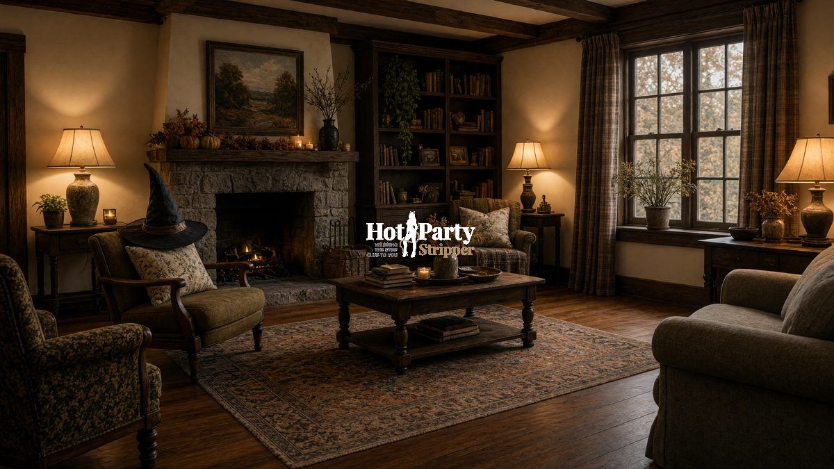 Village living room, a hardwood house interior, waiting with table lamps and a hat on a chair