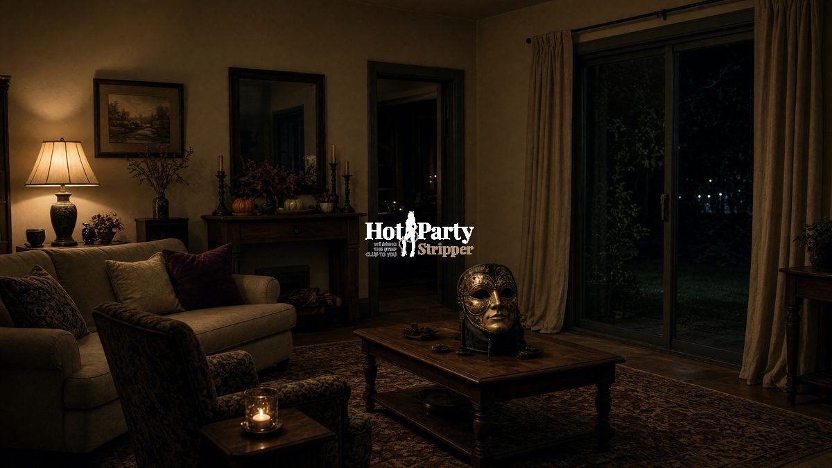 Older living room, a house opened to a dark yard, waiting with lamps and a mask on a table