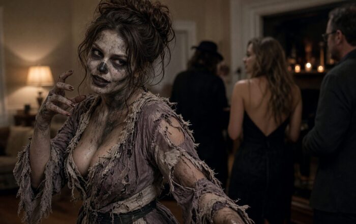 Zombie entertainer, a Hot Party Stripper performer, posing in full makeup at a South Florida Halloween party